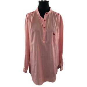 EASSON Red White Striped Long Sleeve Mandarin Collar Pocket Popover Top Blouse